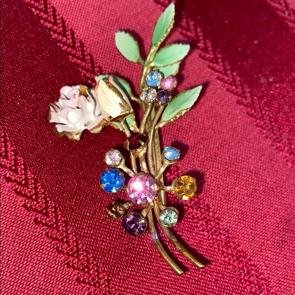 Vintage 40s Austrian Floral & Crystals Broach Made in Austria - Picture 1 of 5